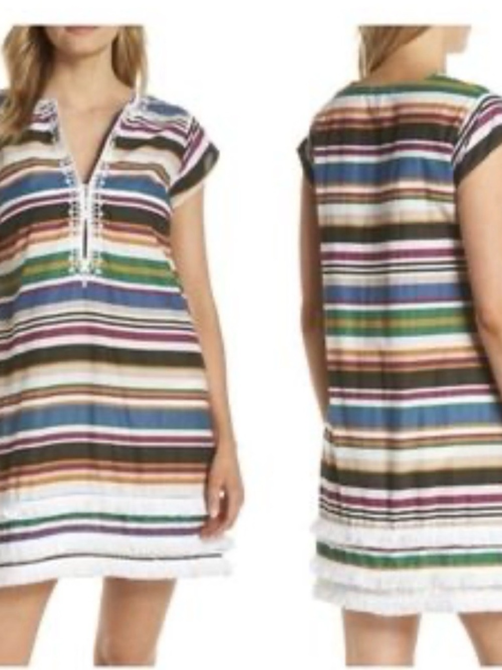 Bleu Rod Beattie Cover Up Womens Medium White Swim Cap Sleeve Tiered Fringe Hem